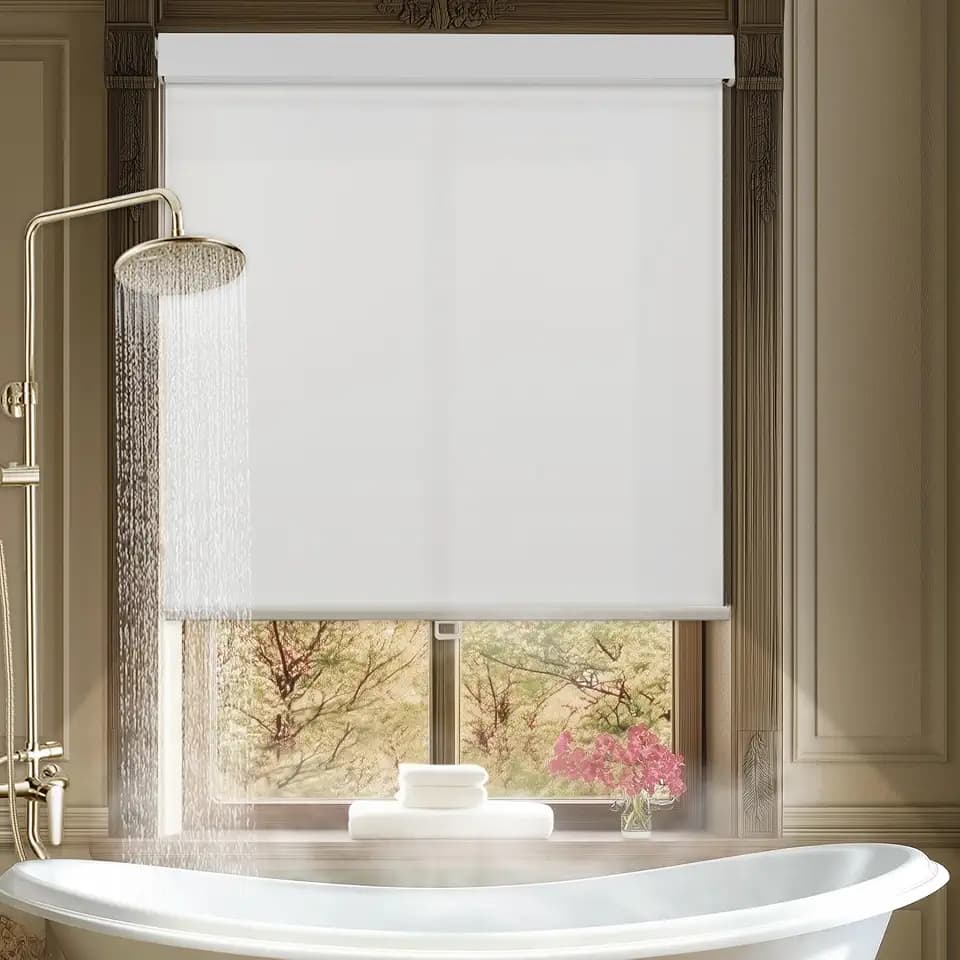 HESTIA No Drill Cordless Blackout Roller Shades with Valance, Waterproof UV Protection Privacy Drilless Easy Install Blinds for Bathroom/Kitchen/Office/Home, White, 34.5" W X 62" H
