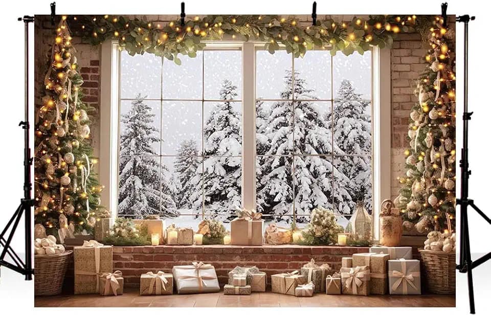 MEHOFOND 2,1 x 1,5 m Weihnachts-Hintergrund für Fotografie, Winterlandschaft, Ziegelmauer, Fensterboxen, Lichterketten, Hintergrund, Erwachsene, Kind, Portrait, Zuhause, Party, Dekoration, Banner