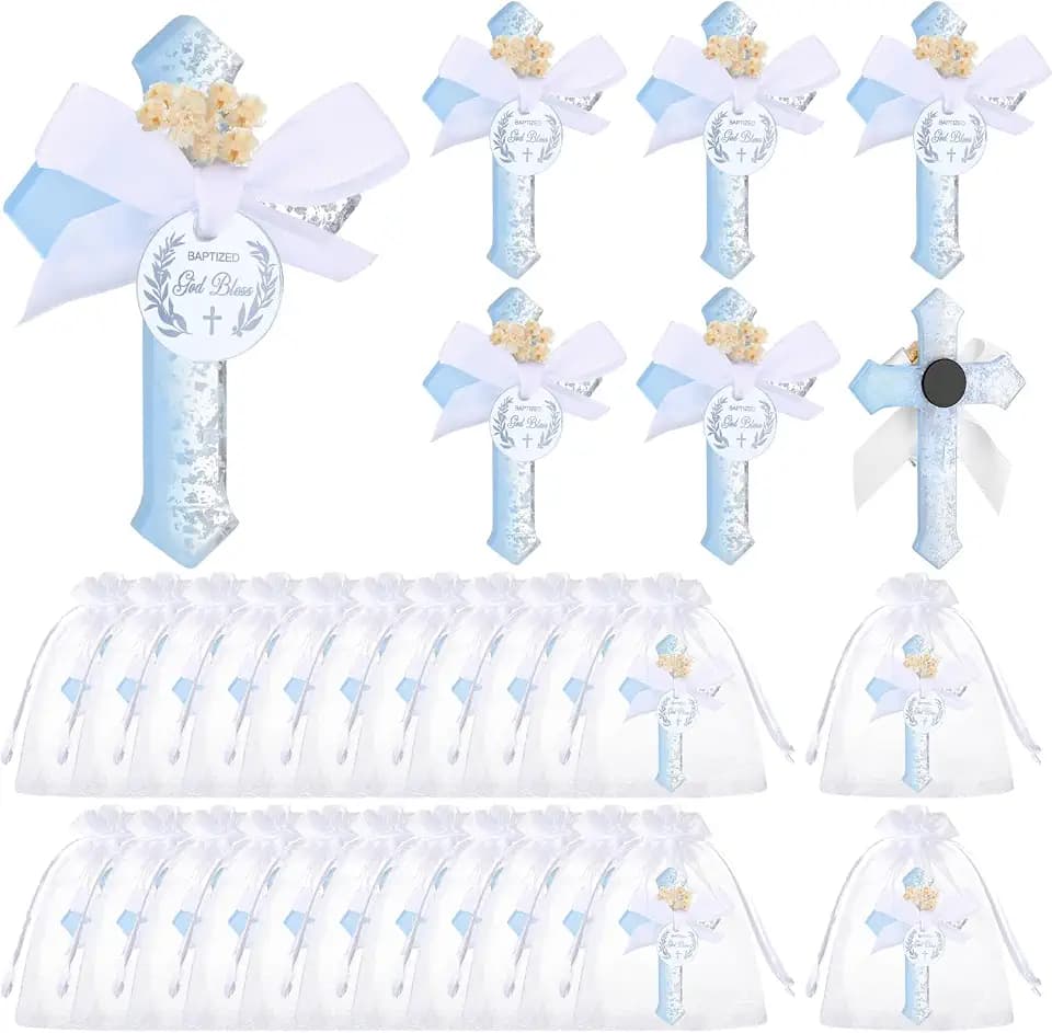 Relaxweex 24 Pcs Baptism Favors for Guests Epoxy Cross Magnets, Blue