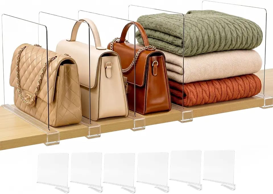 SortNStore Shelf Dividers Purse Organizer for Closet: Acrylic Clear 6 Pack