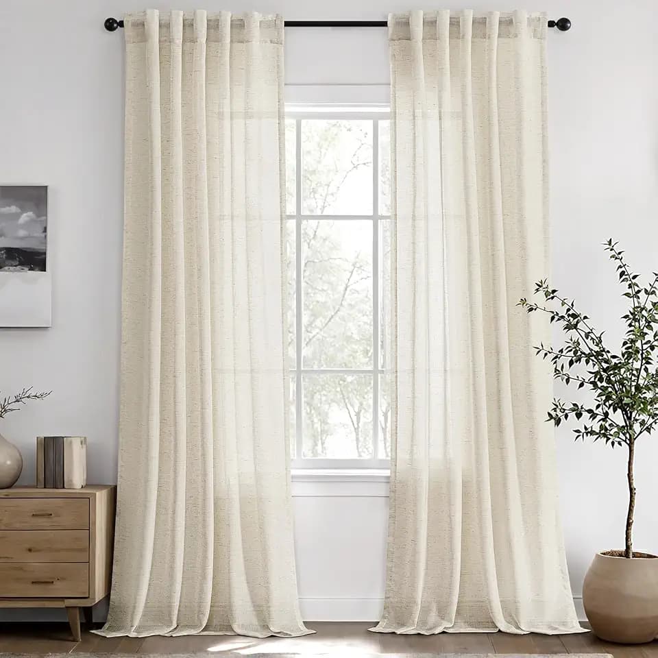Ivory Semi Sheer Linen Curtains 96 Inch Long 2 Panels for Living Room 37x96
