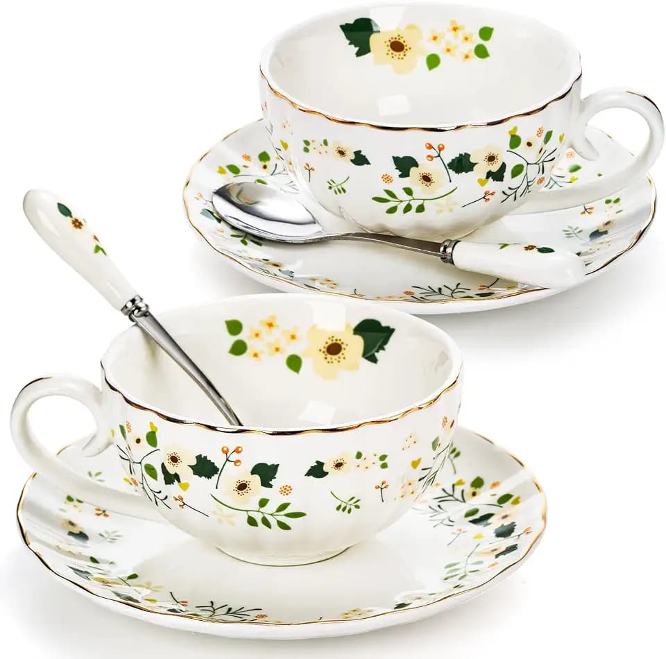 Lyellfe Set of 2 Tea Cup and Saucer, 6 Oz Floral Cup with Spoon Gold Trim