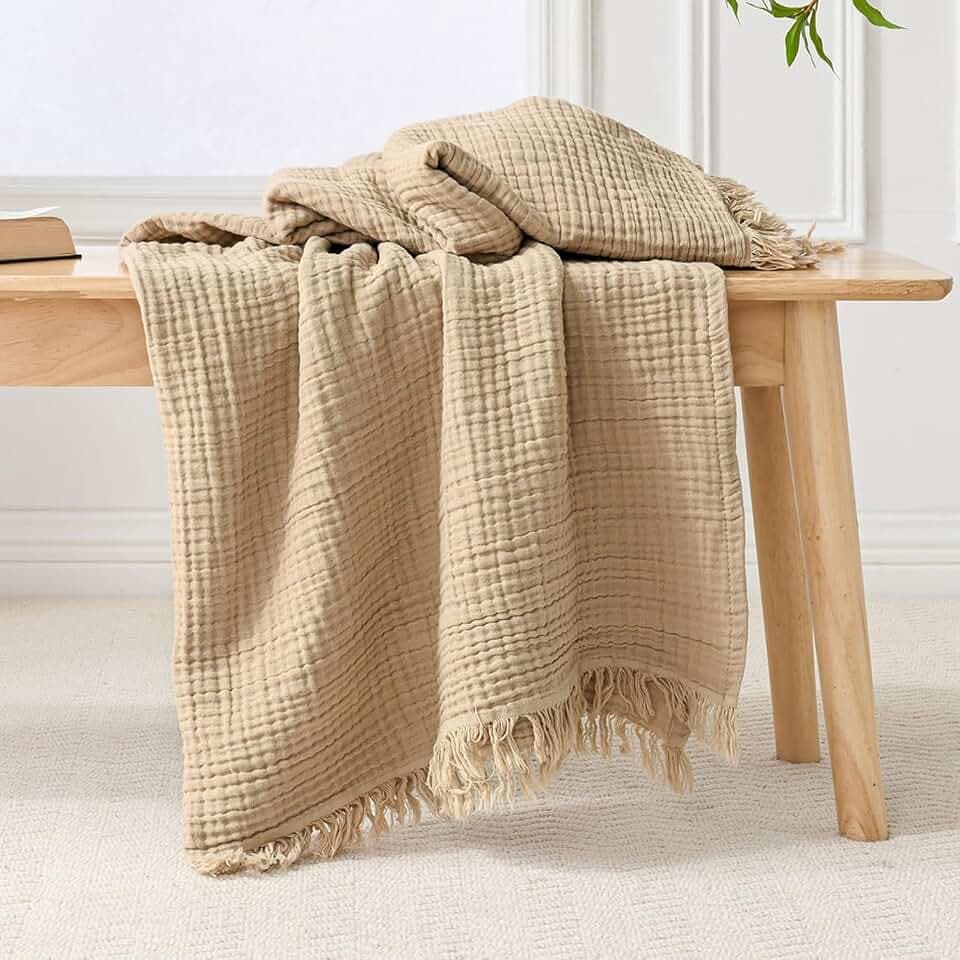 Esterra Muslin Throw Blanket 50x65 Inches Cozy Soft Lightweight Pre-Washed Cotton Blanket, All Season Breathable 4-Layer Gauze Blanket Throw for Sofa Couch Bed, Curds&Whey