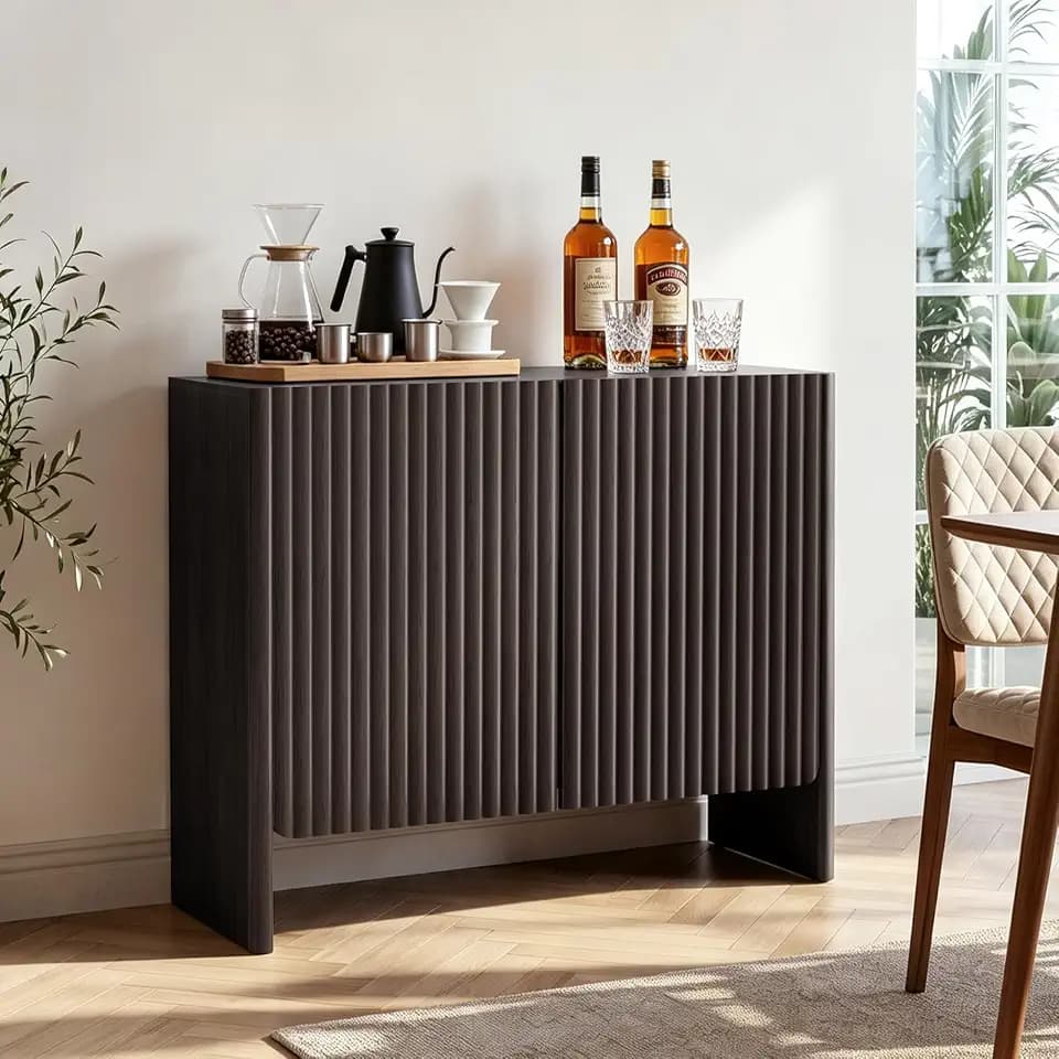 Glass Sideboard Buffet Cabinet with Storage, 2-Door Wood Entryway Table with Curved Legs & Adjustable Shelves, Coffee Bar Cabinets for Living Room, Kitchen & Bedroom (Dark Walnut)