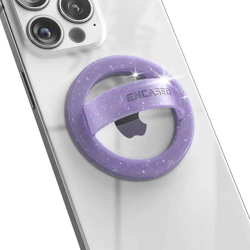 Encased Magnetic Phone Grip Holder (Compatible with MagSafe) Thin Silicone Finger Loop Ring for iPhone (Purple Glitter)