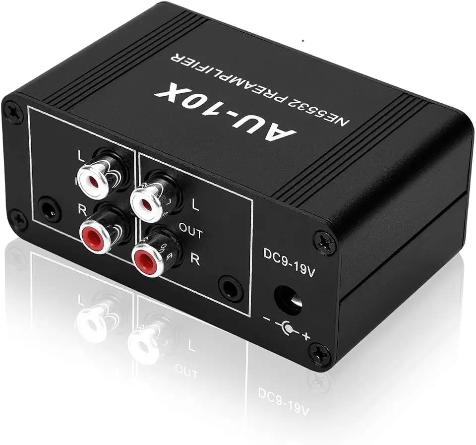 Mini-Stereo-Audio-Vorverstärker, Kopfhörerverstärker, Verstärkung 20 dB Phono-Plattenspieler-Phonographen-Vorverstärker, Dual-OP-Verstärker NE5532 mit Cinch-3,5-mm-Eingang auf Cinch-Ausgang