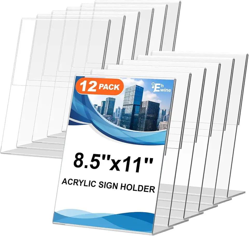 EHWINE 12 Pack Acrylic Sign Holder 8.5 x 11, L Shape Clear Plastic Display Stand, Slanted Back Picture Frame Menu Flyer Paper Display Stand up Table Top Sign Holders for Restaurant, Office and School