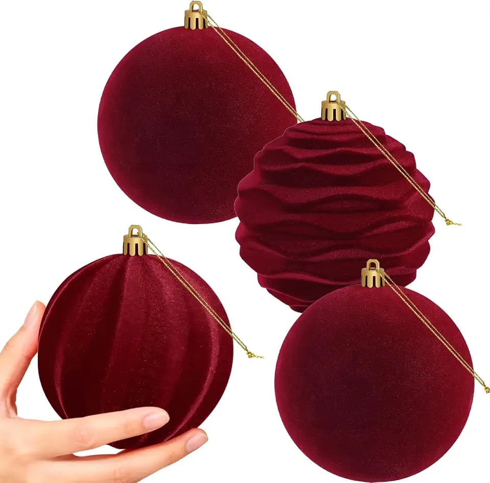 Artmag 4 PCS Large Velvet Christmas Balls Ornaments Shatterproof Hanging Set Flocked for Xmas Tree Holiday Party Decorations (Burgundy,4 Inch)