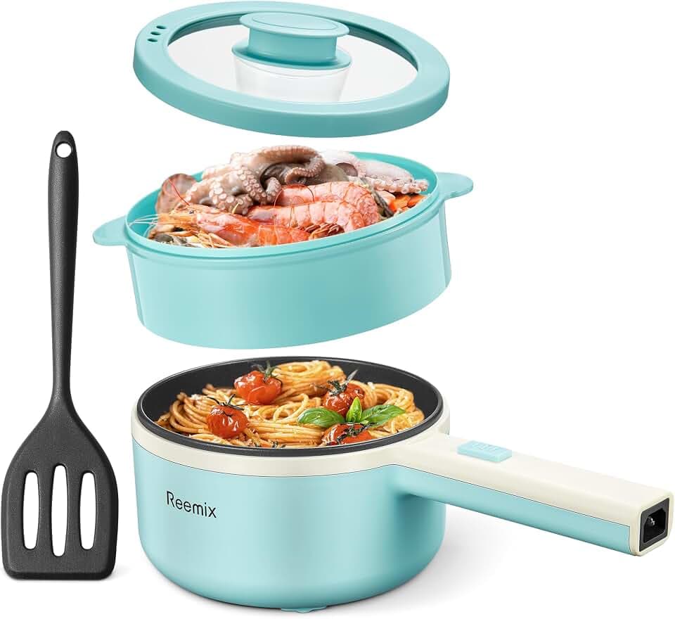 Hot Pot Electric With Steamer, 1.6L Ramen Cooker Non-Stick Sauté Pan