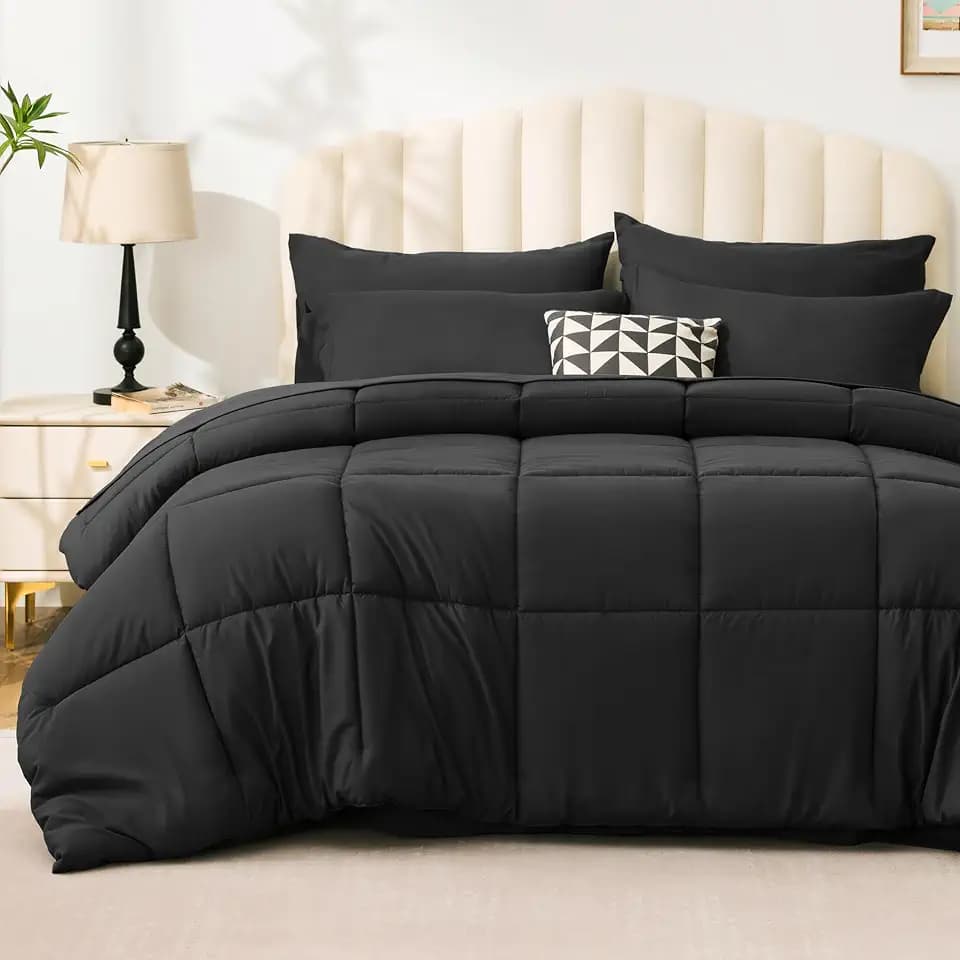 Love's cabin Queen Comforter Set, 7 Pieces Bed in a Bag, Black