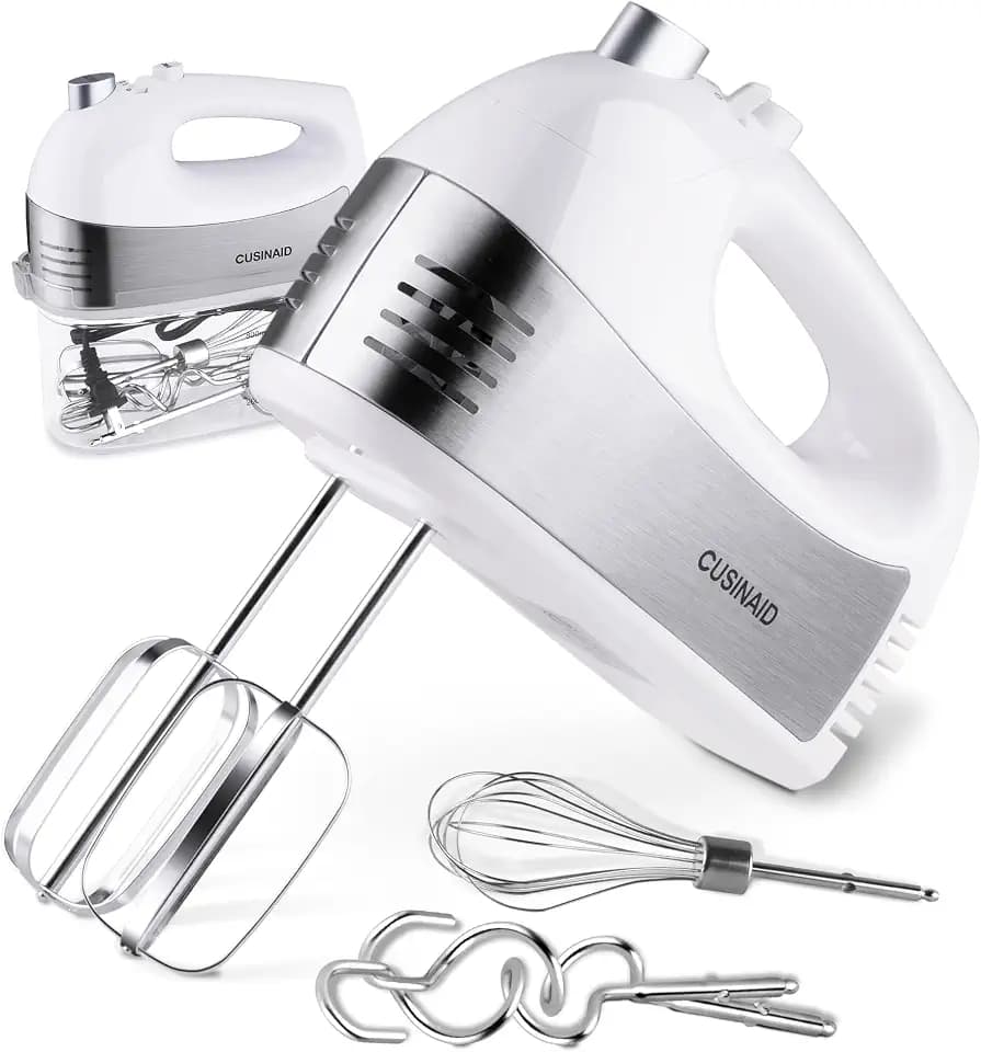 Hand Mixer Electric, CUSINAID 5-Speed Hand Mixer with Turbo Handheld Kitchen Mixer Includes Beaters, Dough Hooks and Storage Case, White