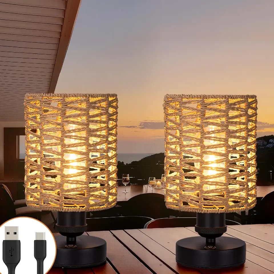 Cordless Outdoor Table Lamps, Small Rattan Boho, Rechargeable Battery Operated for Outdoor Patio, Home, Living Room, Bedroom, Bedside - Set of 2 (Beige-B)