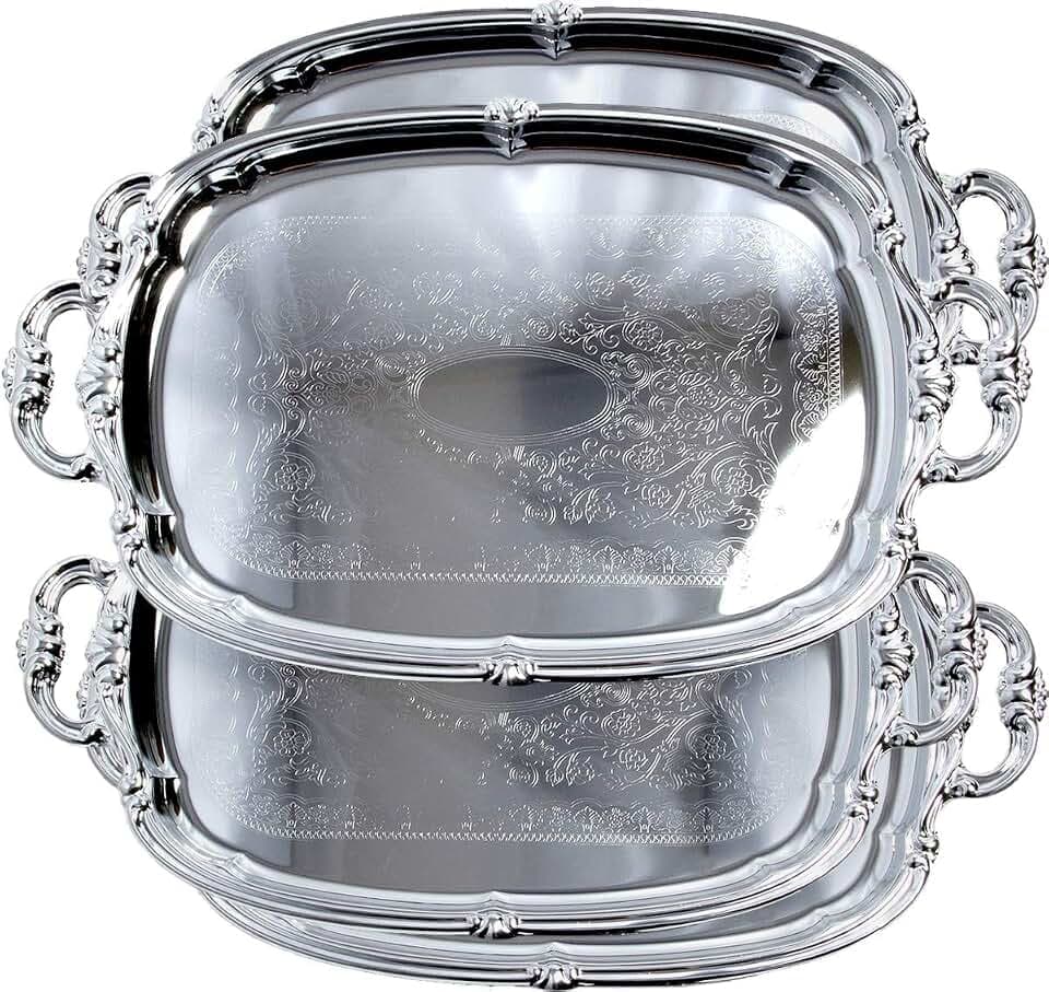 (Pack of 4) 21-Inch x 13.5-Inch Elegant Victoria Floral Engraved with Handle Serving Tray Silver Metal Plate Platter Food Decorative Buffet Wedding Party T166-4PK