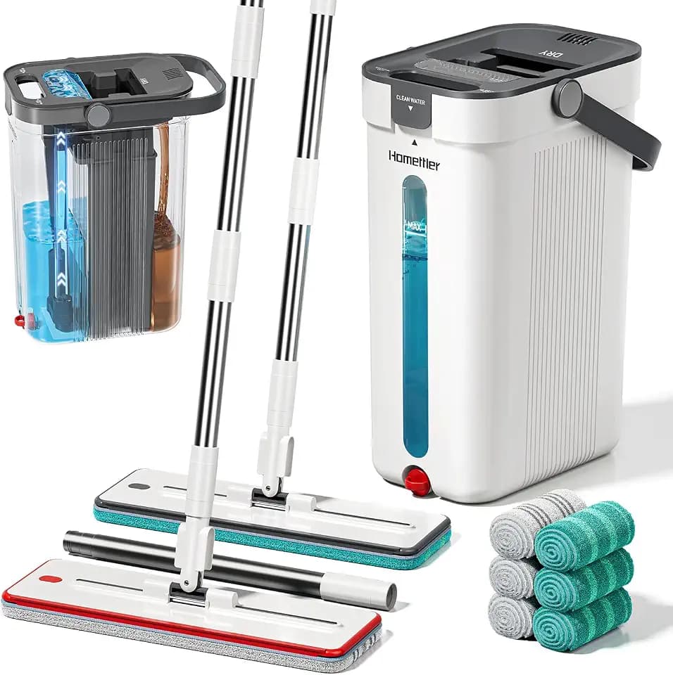 HoMettler Dual Mop and Bucket Set, Flat Mop and Bucket System with Separate Dirty and Clean Water, 3-Compartment Wall Cleaner Mop, Flat Mops for Floor Cleaning with 6 Microfiber Pads - White