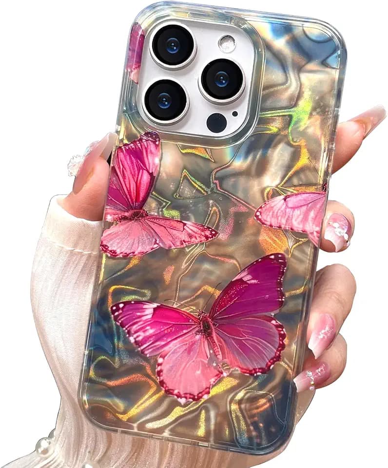 I-MGAE-IN-AR Compatible with iPhone 15 Pro Max Case Holographic Pink Butterfly