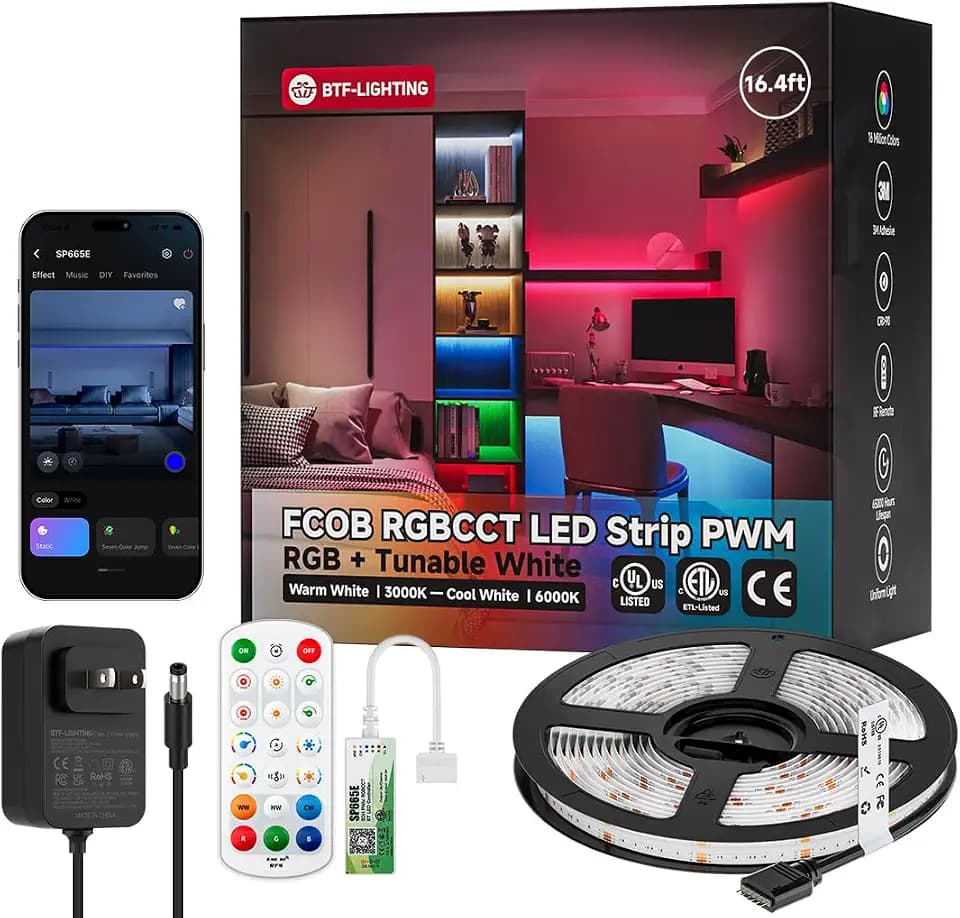 BTF-LIGHTING UL Listed RGBCCT COB LED Strip Light, DC24V 16.4FT RGB+Tunable White 3000K-6000K Color Changing LED Strip Light, with Remote/Bluetooth Music Controller for Home Party Indoor DIY Lighting