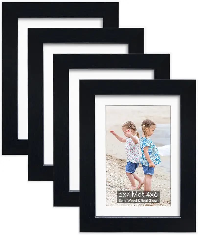 5x7 Wooden Picture Frame Set of 4 (with 4x6 Mat), Solid Wood with Real HD Glass, for Tabletop or Wall Mount, Picture Frames Collage Wall Décor, Black