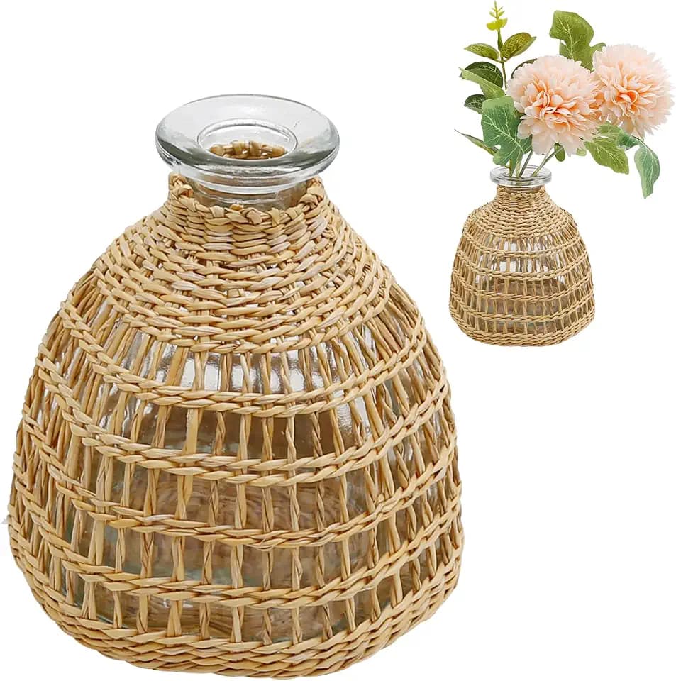 Flower Vases with Rattan Cover, Straw Woven Glass Vase, Rattan Woven Vase Decorative, Glass Flower Vase, Boho Glass Flower Vase, Vase for Home Flower Arrangement Table Decoration, 5.3''X3.5'',D Style