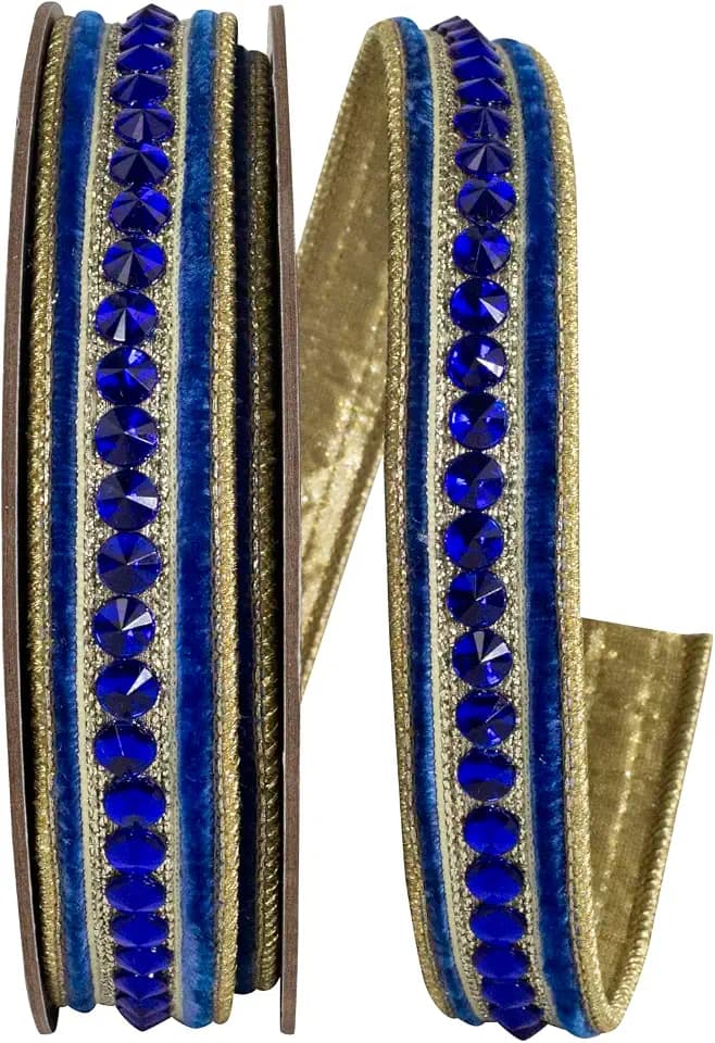 Ribbon - Jeweled Center Plush Velvet Deluxe Metallic Dupioni Backed Wired Edge, Royal, 5/8 Inch, 5 Yards