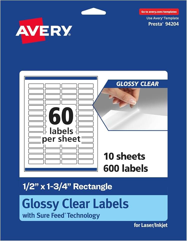 Avery® Glossy Clear Rectangle Labels, Sure Feed® Technology, 0.5" x 1.75", 600 Glossy Clear Labels, Print-to-The-Edge, Laser/Inkjet Printable