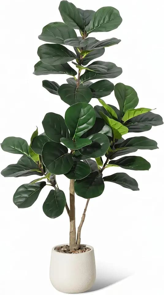 4 ft Artificial Fiddle Leaf Fig Tree, Realistic Faux Ficus Lyrata with 48 Leaves, PE & PVC Potted Floor Plant for Home Office Living Room Decor, White Planter with Pebbles