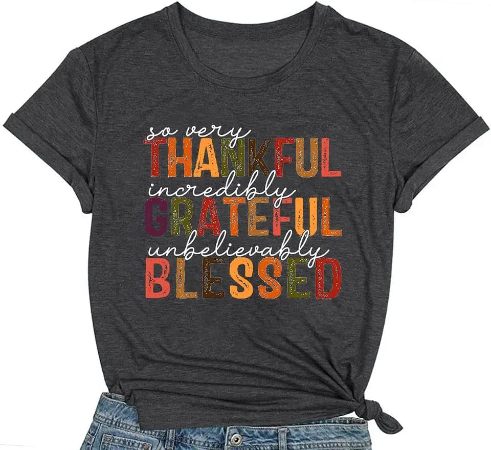 Fall Shirts for Women Thankful Grateful Blessed T-Shirt Thanksgiving Fall Tee Tops