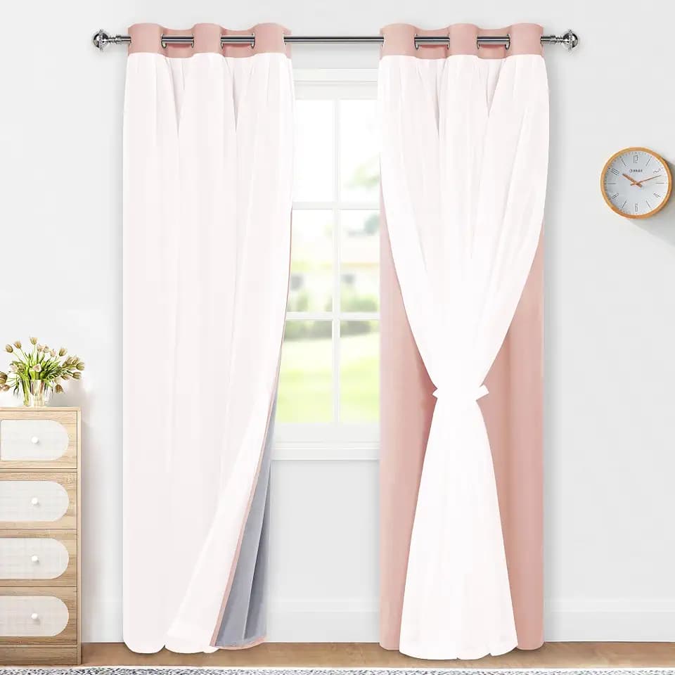 XWZO 100% Blackout Double Layer Curtains for Nursery, Blackout Curtains with Sheer Overlay for Girls Bedroom, Grommet Thermal Insulated Privacy Curtains with Tiebacks, 2 Panels, 52x84, Blush