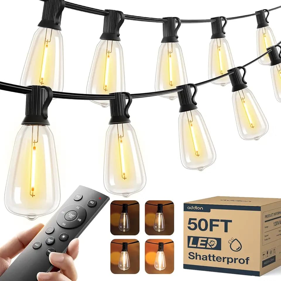 addlon 50FT Outdoor String Lights ST38 LED with Remote Waterproof Dimmable