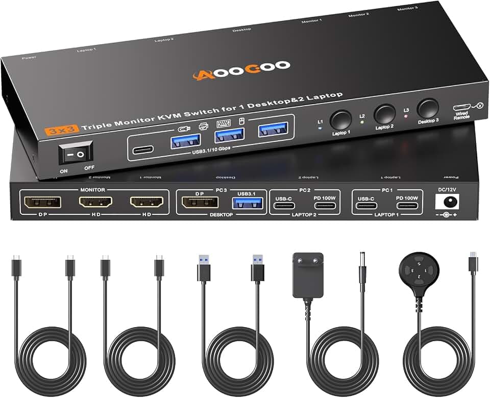 USB C DP KVM Switch 3 Computers 3 Monitore,4K/1080P@60Hz MST KVM Switch für 1 PC&2 Laptops Share 3 Monitor with 4 USB3.0 Devices, PD für Laptop, USB Kabel und Netzteil