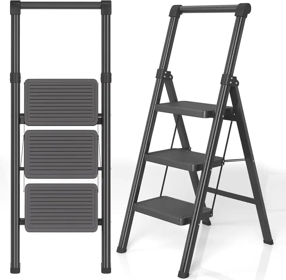 Foldable Step Ladder Stool for Home,3 Step Stool with Wide Anti-Slip Pedal, Heavy Duty 600Lbs Ladder for Indoor Kitchen Closet Stair Use, Black