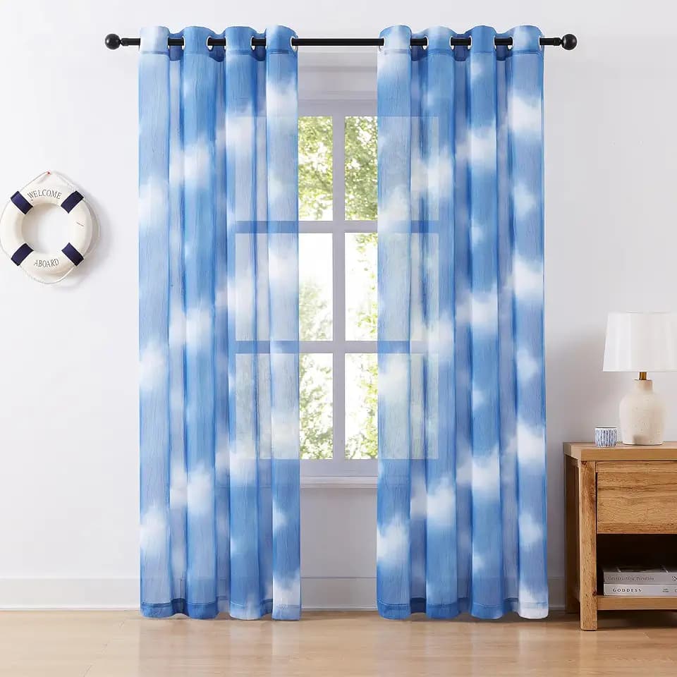 Blue Sheer Curtains 72 inches Long for Living Room 2 Panels, Blue Semi Sheer Drapes with Sliver Grommet, Ombre Light Filtering Crushed Curtains for Bedroom
