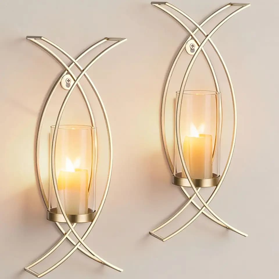 Gold Metal Wall Candle Sconces Set of 2 with Glass Hurricanes