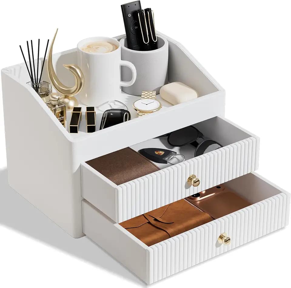 LADSTAG Desk Organizer,Beige White Vegan Leather Desk Accessories & Workspace Organizers with 2 Drawers & Tray,Key Holder with Gold-Tone Metal Accents knob,Jewelry Box,Nightstand