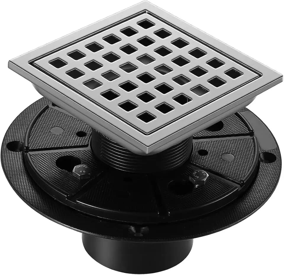 Shower Drain, Chrome 4 inch Square Shower Floor Drain with Flange, Silver Removeable Grid Panel SUS 304 Stainless Steel Square Shower Drain