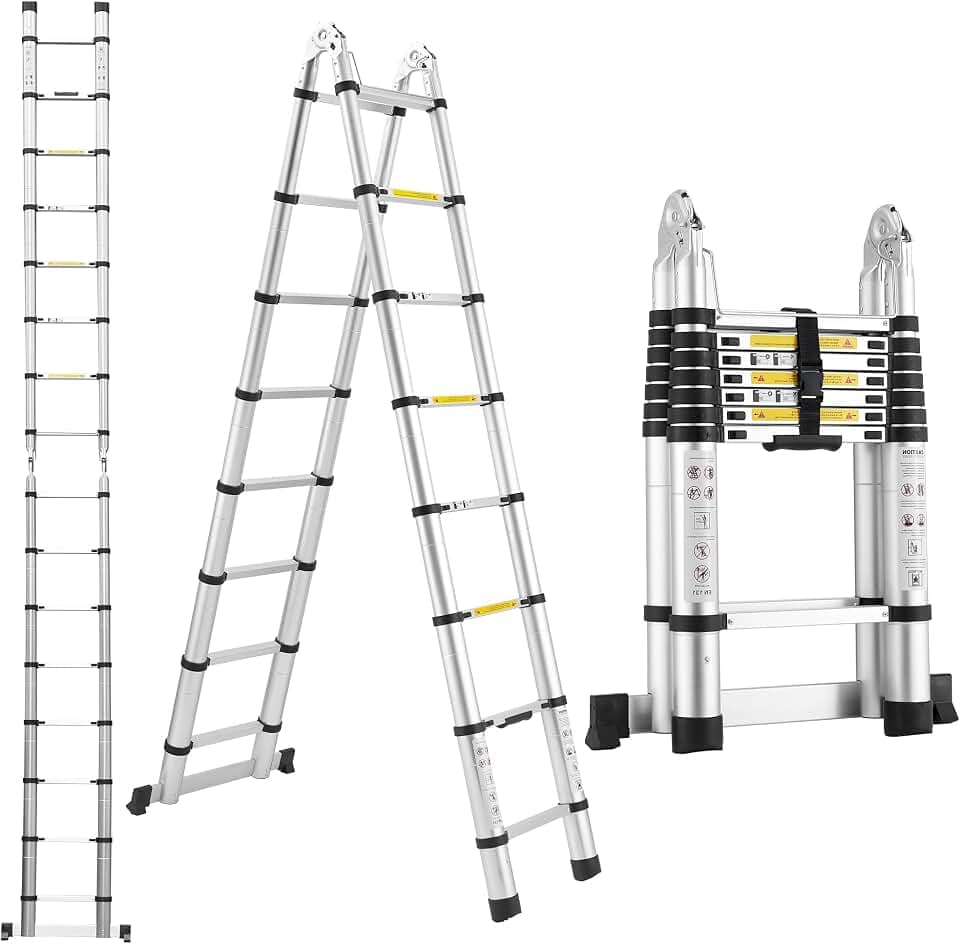 Telescoping Ladder A Frame 16.5Ft Aluminum with Stabilizer Bar, Silver