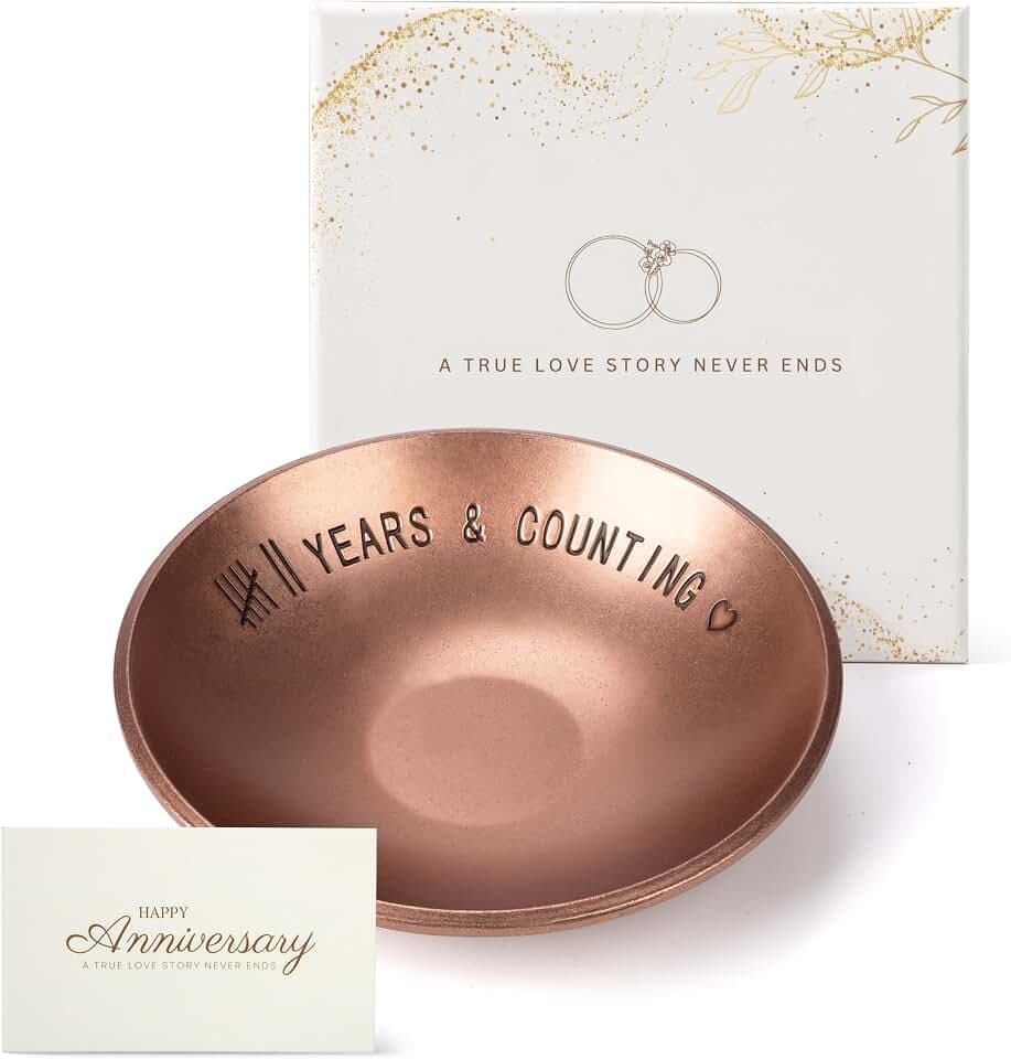 Urllinz 7 Year Anniversary Copper Gifts for Him Her - 7th Anniversary Jewelry Tray for Men Women Wife Husband Couple, Ring Holder Dish & Card & Gift Box, 4"