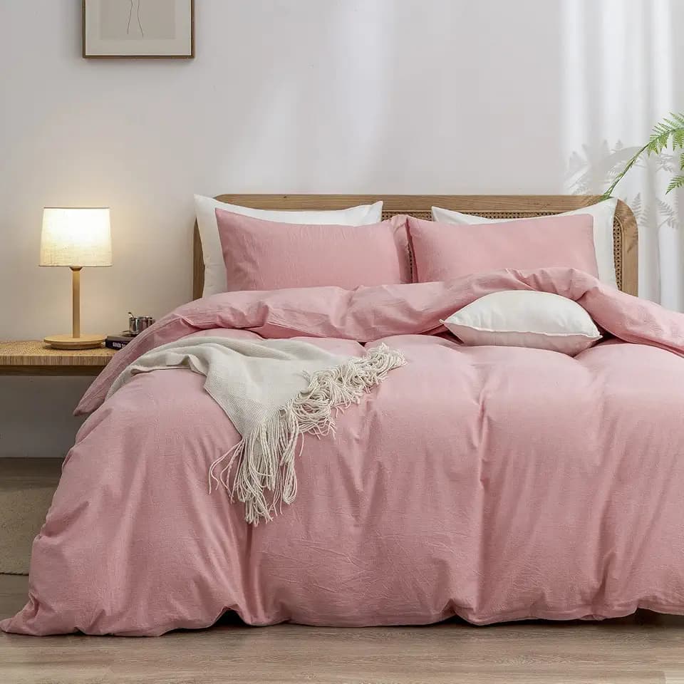 BESTOUCH Cotton Solid Duvet Cover Set Linen Feel Red Pink Full