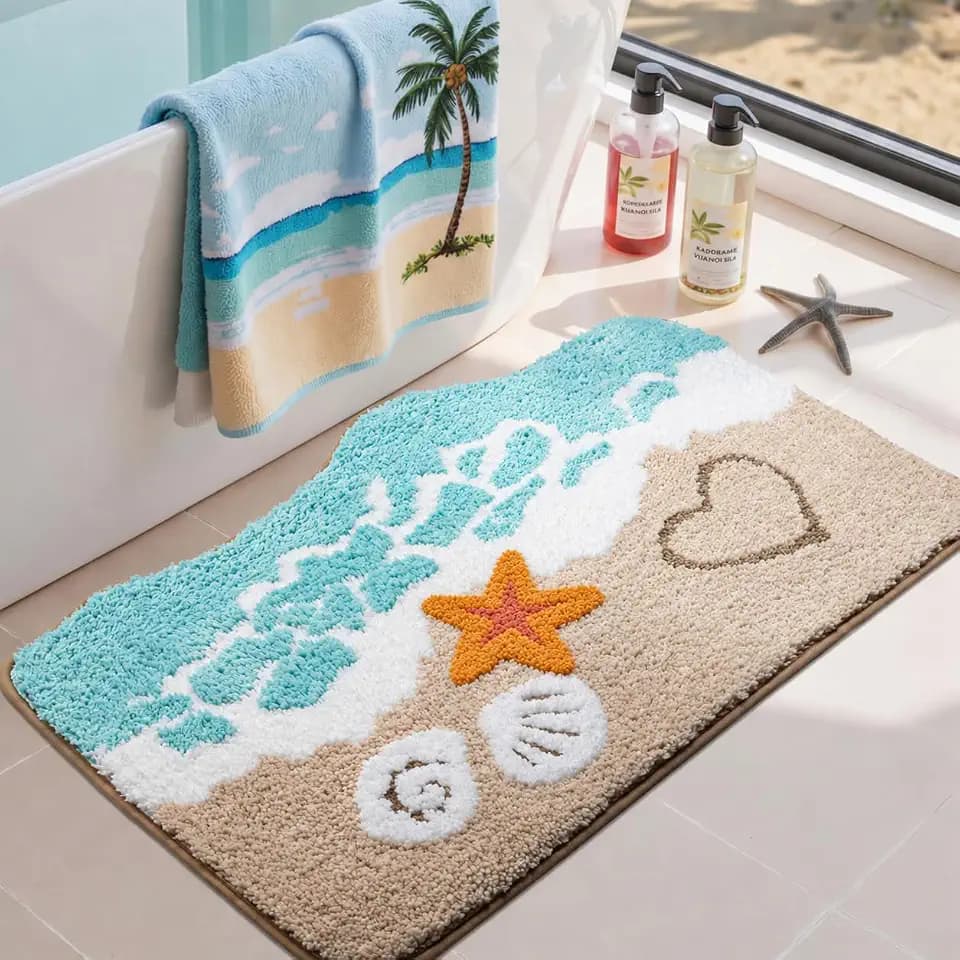 Blue Beach Bathroom Rugs Ultra Soft Microfiber Washable Absorbent
