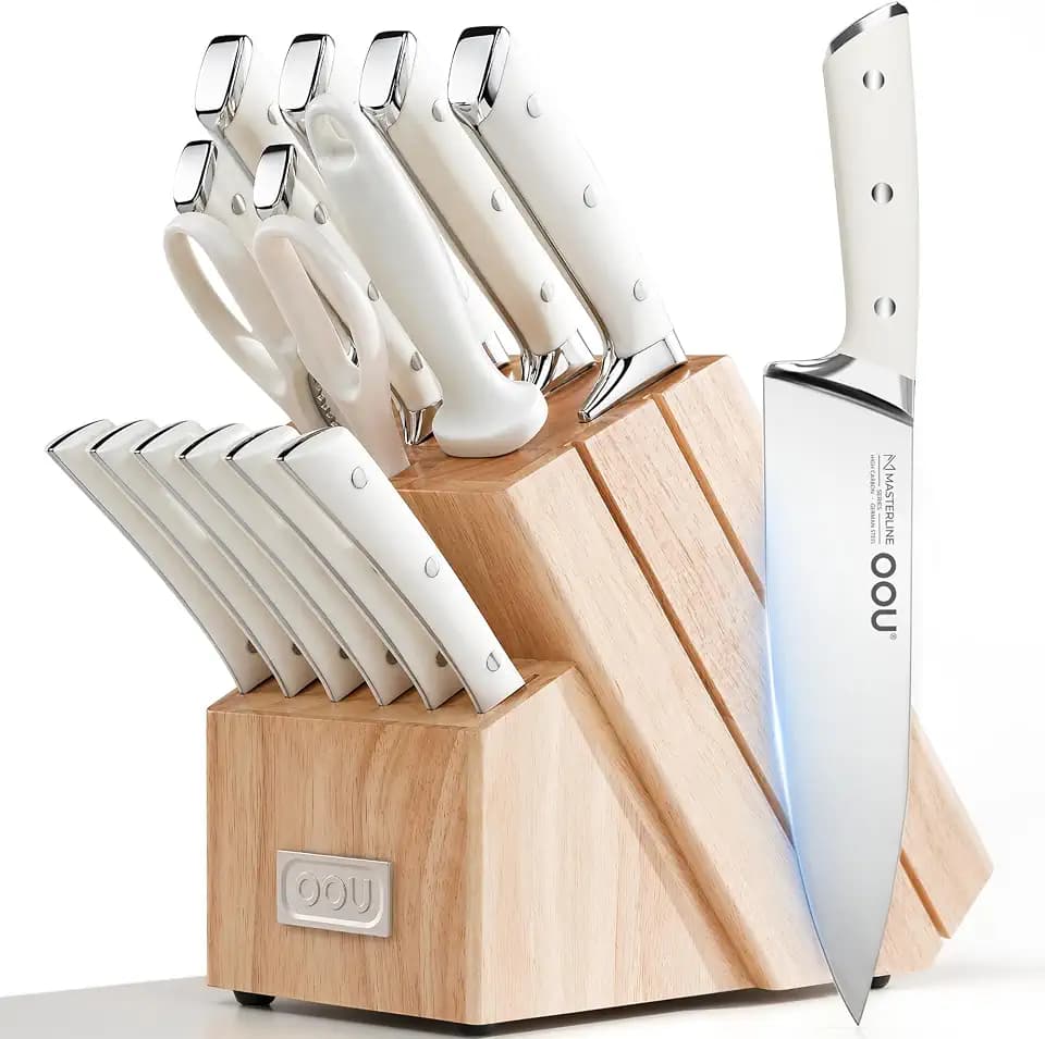 Knife Set, 15 Pcs German High Carbon Stainless Steel Kitchen Knife Set, Knife Sets with Block and Sharpener,Enduring Razor-Sharp FSC Wooden Knives Block Set for Kitchen,Nature