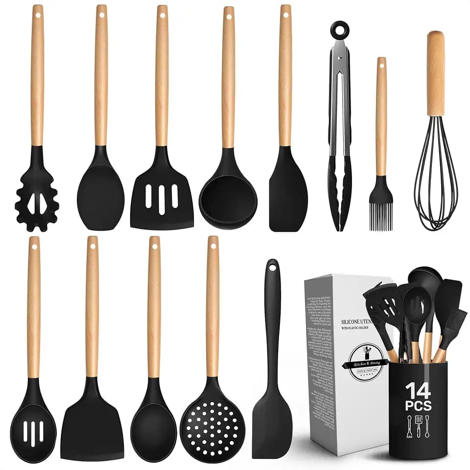 14 Pcs Kitchen Utensils Set with Holder, Beech Handles (Black)