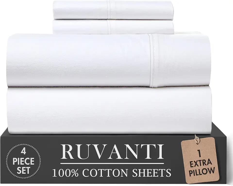 RUVANTI 100% Cotton Twin XL Sheets, Percale Weave Twin XL Set, Bright White