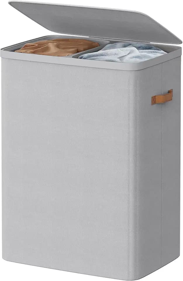SONGMICS HOME Laundry Hamper with Lid, 2 Section Laundry Basket with Removable Liners and Handles, Foldable Clothes Sorter for Bedroom, Bathroom, Gray