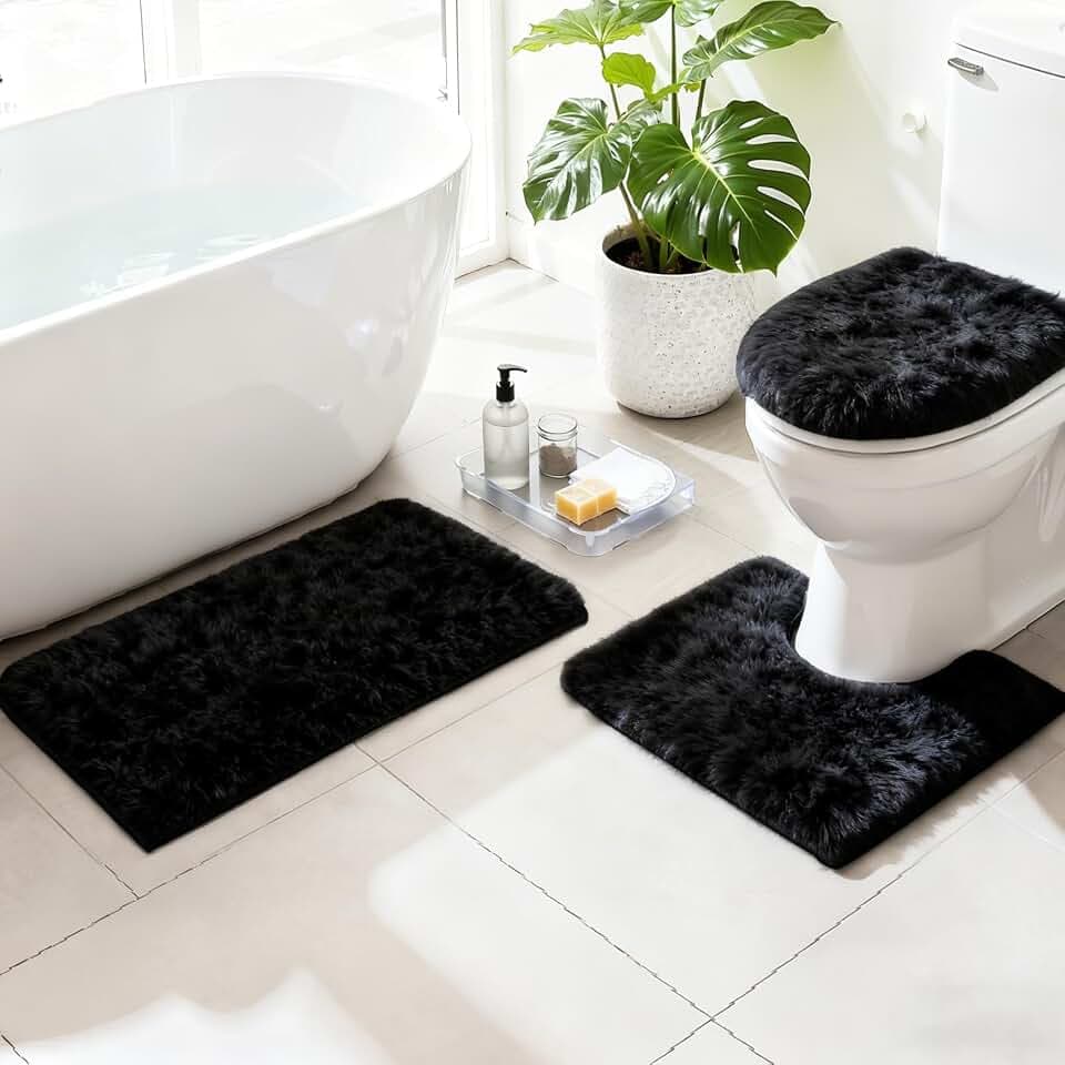 RUN HELIX Black Bathroom Rugs Sets 3 Piece Shaggy Bath Mat Non-Slip Mats Water Absorbent Bath Rug Floor Mats Soft Washable Shower Rug with U-Shaped Contour Rug Toilet Lid Cover Home Decor Accessories