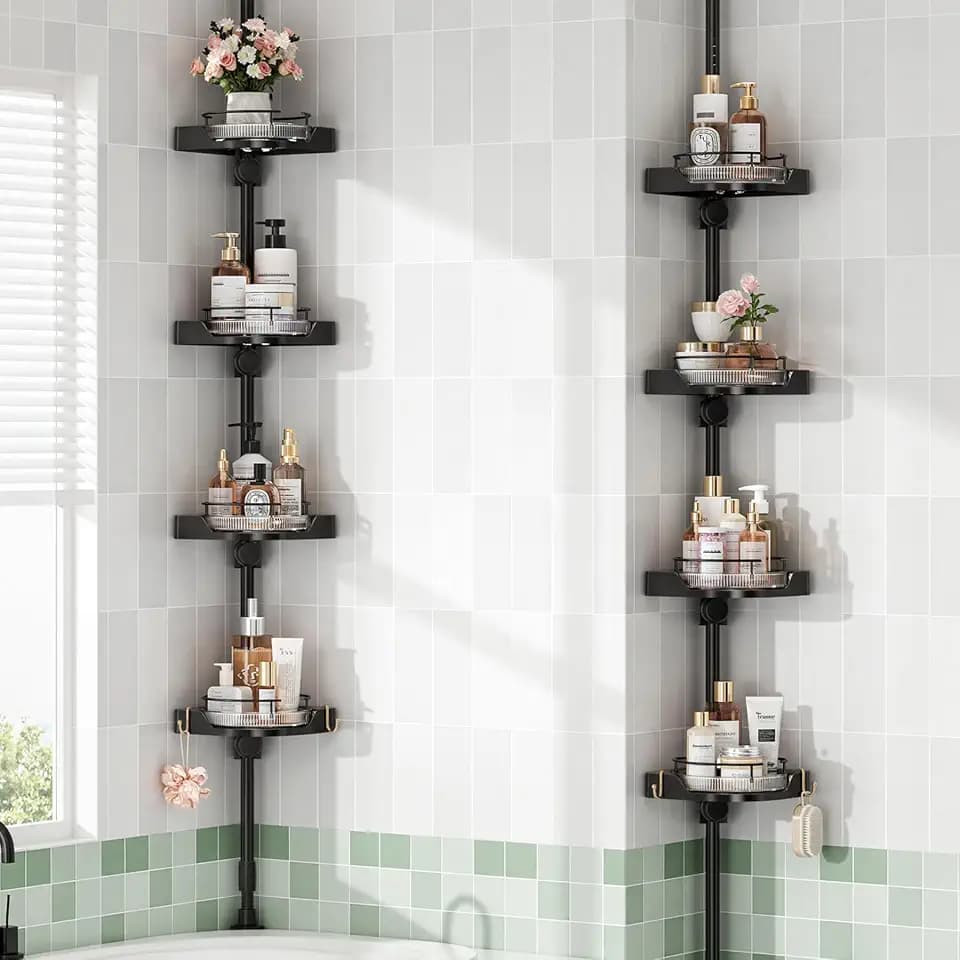 shuang qing 360° Rotating Corner Shower Caddy Tension Pole Organizer, Black