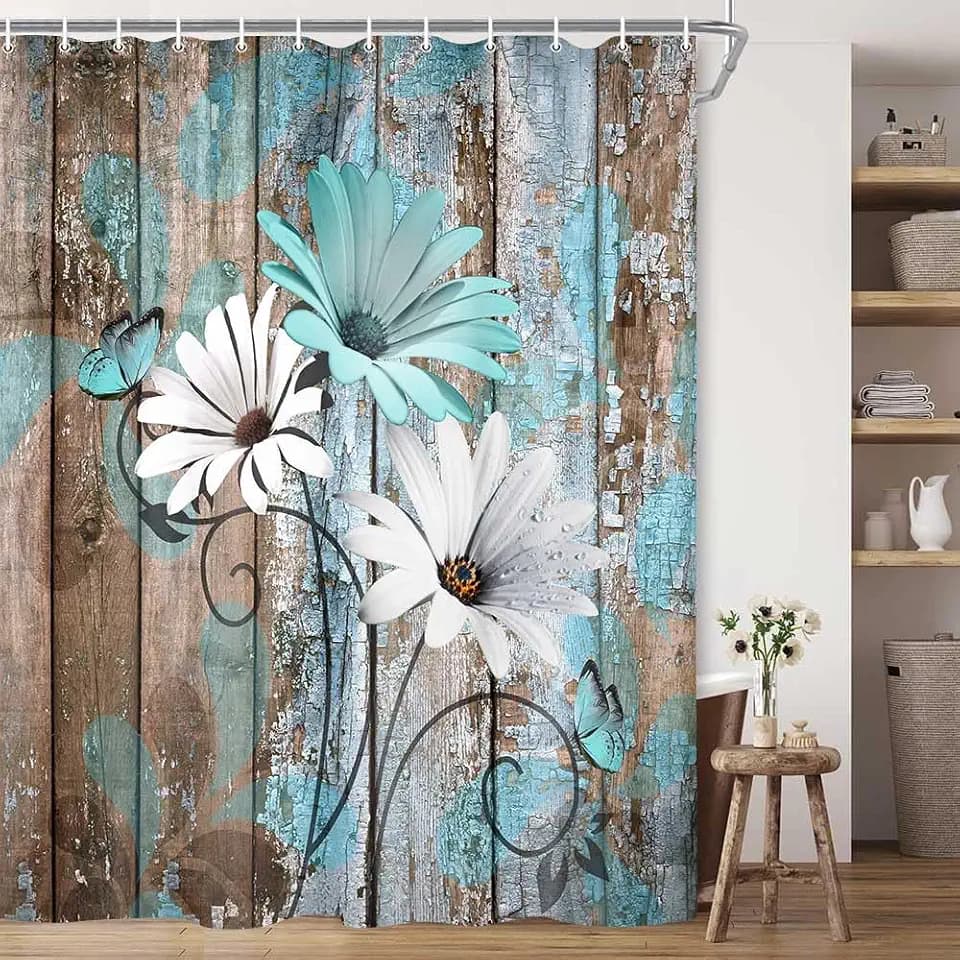 JAWO Farmhouse Flower Floral Shower Curtain, Rustic Teal Turquoise Daisy Shower Curtain Set, Country Blue Wild Garden Plant Fabric Shower Curtain with Hooks, Surreal Bathroom Curtain, 60x70inch