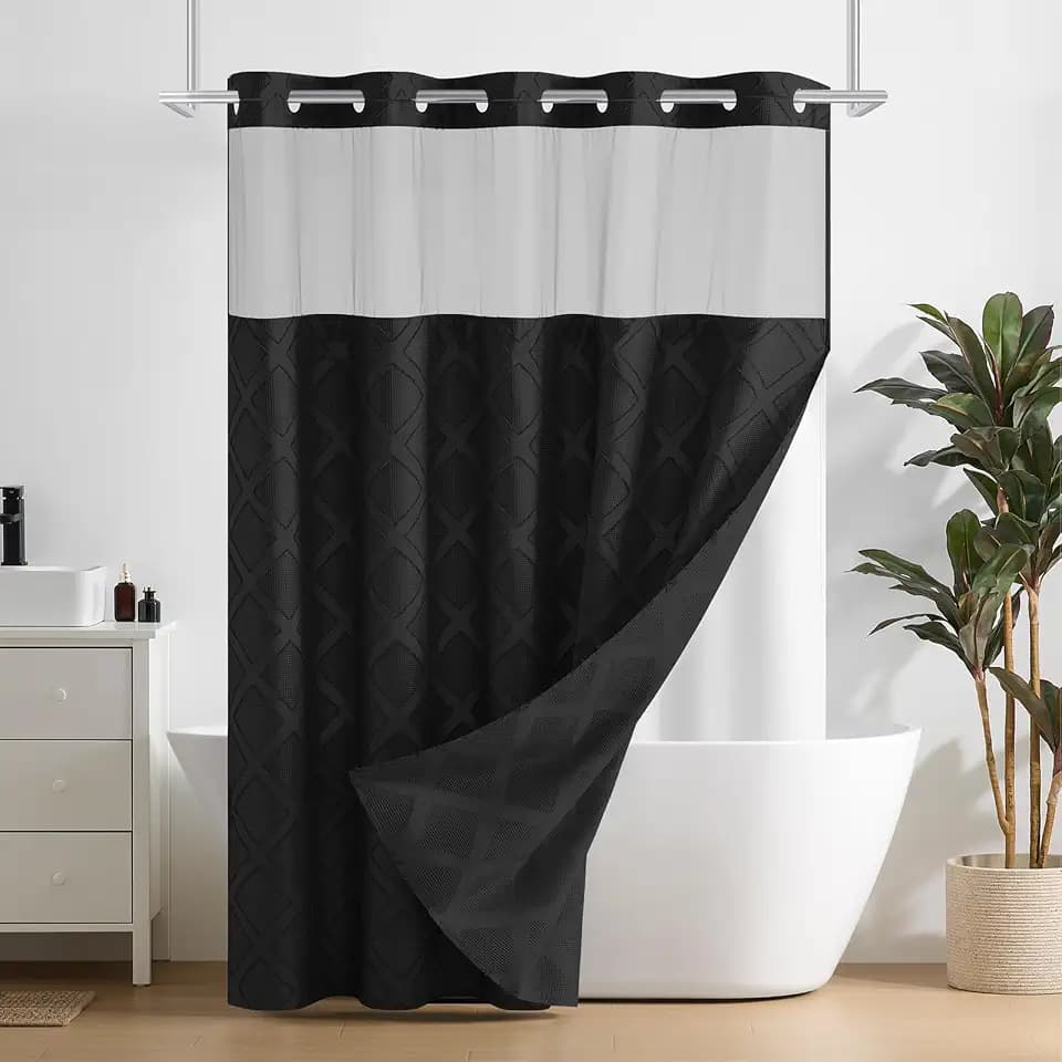 downluxe No Hook Shower Curtain with Snap in Liner,Black Waffle Fabric Shower Curtain Set for Bathroom,Hotel Style Double-Layer Waterproofing Curtains 71W x 74L