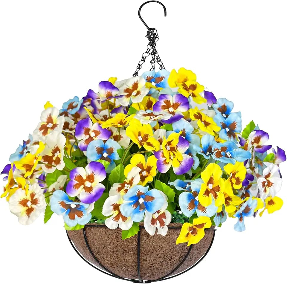 Artificial Hanging Flowers Plants Baskets Outdoor Outside Decoration, Pansies UV Resistant Waterproof Spring Fake Silk Flowers Faux Hanging Planters for Porch Patio Balcony Yard Home Decor