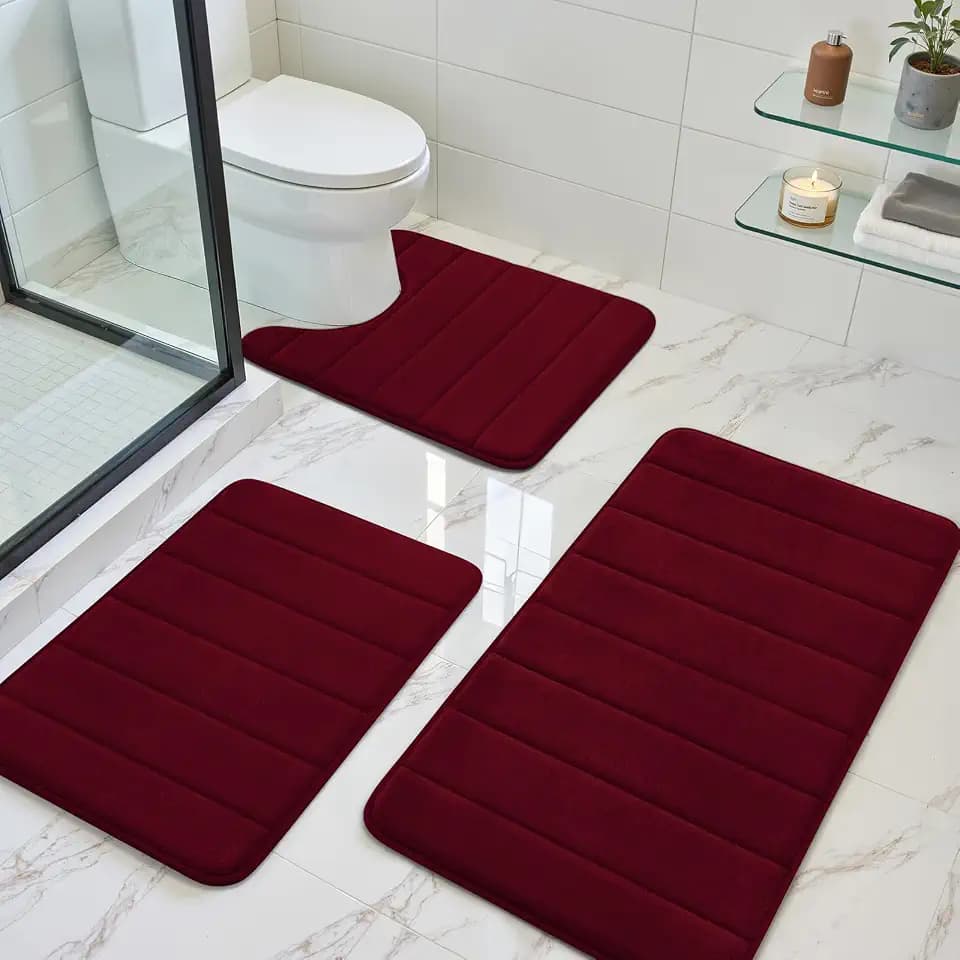 BYSURE Burgundy Red Memory Foam Bathroom Rug Set 3 Piece