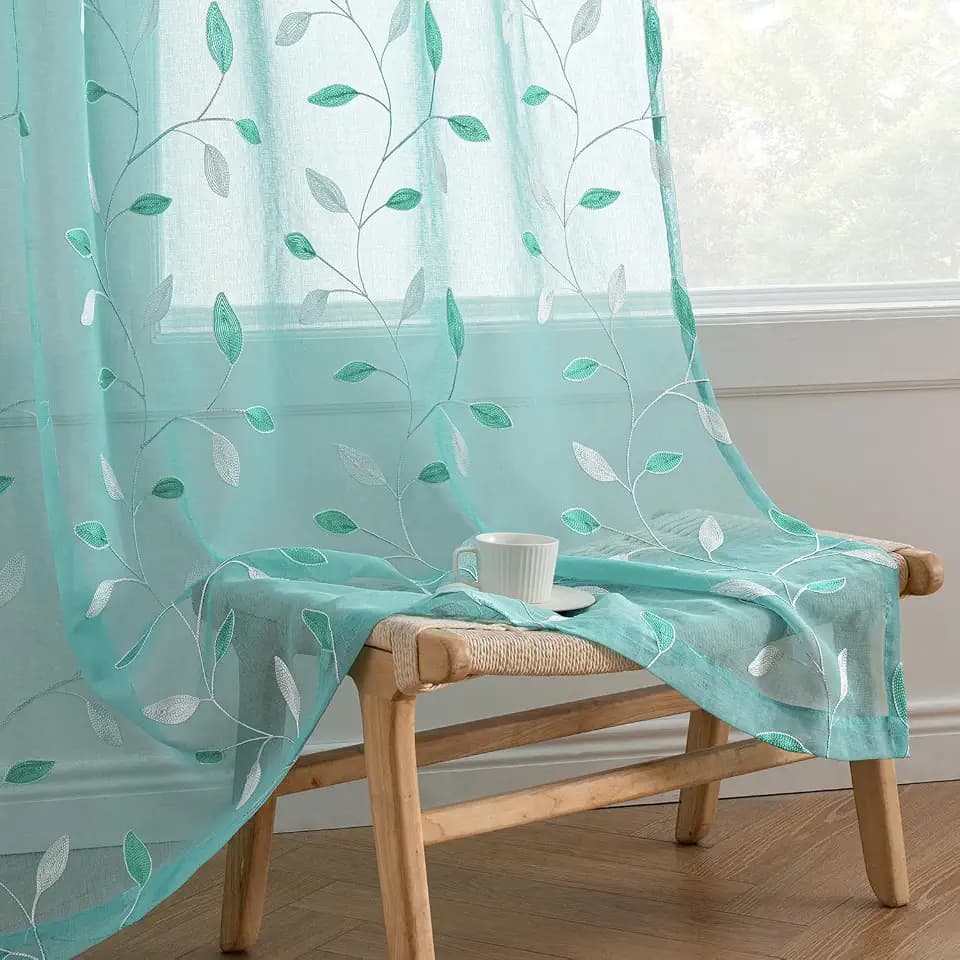 MIULEE Turquoise Sheer Curtains 2 Panels Leaf Patterned, W52 x L84