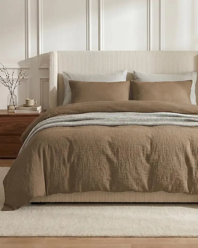 SE SOFTEXLY Muslin Duvet Cover Queen Size, 100% Washed Cotton Duvet Cover Set, Ultra Soft Comforter Cover Linen Like, 3 Pieces Minimalist Gauze Duvet Cover with 2 Pillowcases, 90"x90", Light Brown